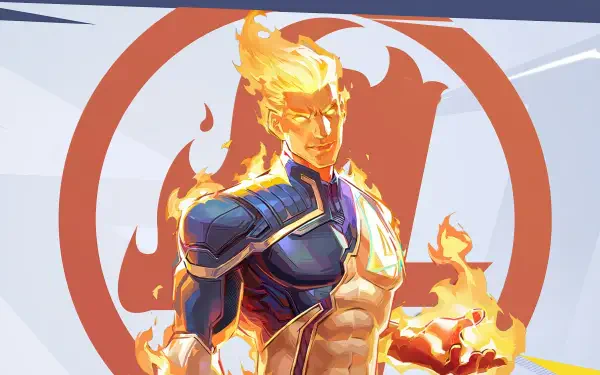 Human Torch (Marvel Rivals) bursts into flame in a heroic pose against a circular emblem — 4K Ultra HD PC desktop wallpaper/background, video game art.