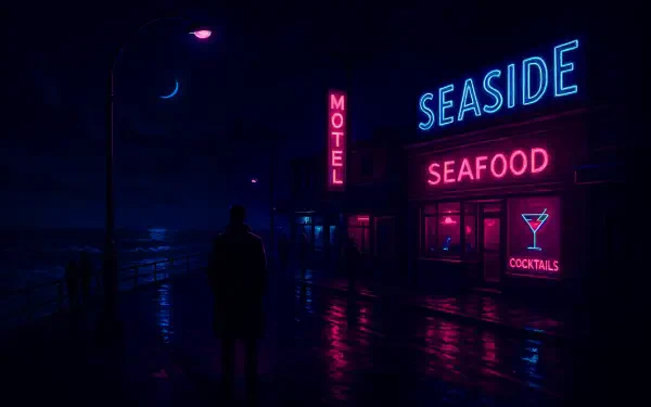 4K Ultra HD PC desktop wallpaper of a neon-lit seaside at night: motel and seafood signs, cocktail neon, wet reflective street and a silhouetted figure.