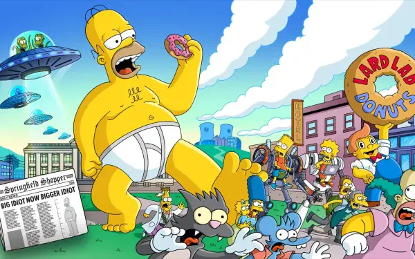 HD PC desktop wallpaper background: The Simpsons in Fortnite video game style — giant Homer in underwear eats a donut as Springfield citizens flee, UFOs hover and Lard Lad Donuts looms.