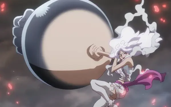 Anime HD PC desktop wallpaper of One Piece's Jewelry Bonney in Gear 5, white‑haired and powering a huge cannonball attack amid a smoky, dramatic background.
