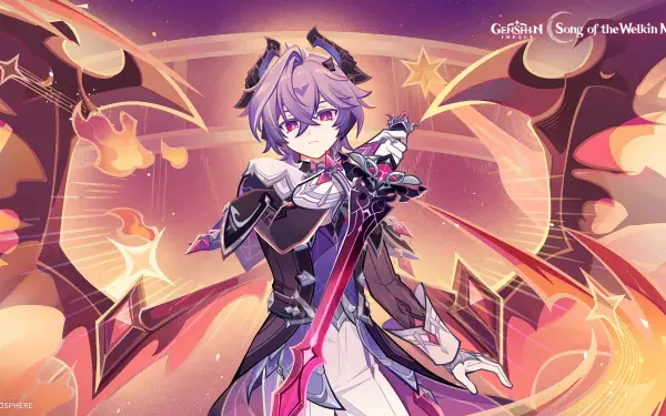 2K Quad HD PC wallpaper of Durin from video game Genshin Impact: anime boy in dark armor with a glowing sword, stylized dragon wings, and a pink-orange starry background.