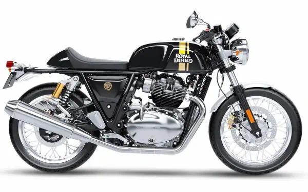 Side view of a black Royal Enfield Continental GT 650 motorcycle on a white background — HD PC desktop wallpaper.