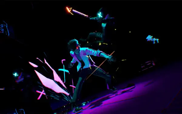 HD PC desktop wallpaper from the video game Dead as Disco: neon-lit performer in a dramatic pose on a dark stage, shards of glowing color scattering across the floor.