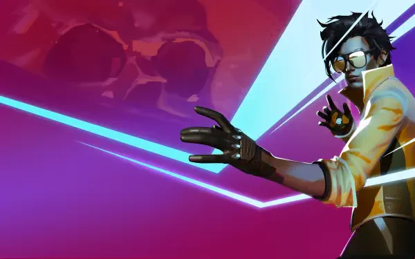 Video game character from Dead as Disco in a neon jacket and goggles reaching toward glowing blue and pink geometric lights — 4K Ultra HD PC desktop wallpaper and background