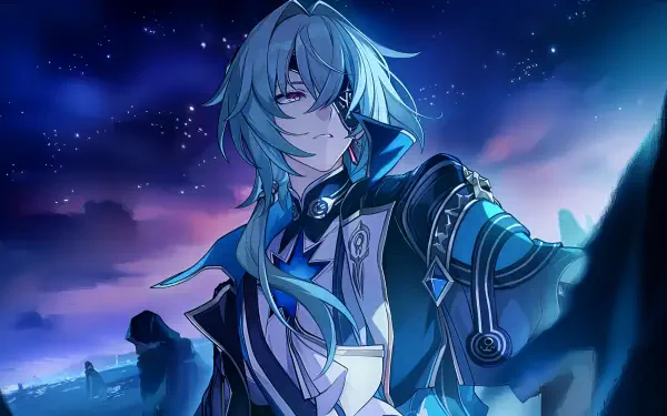 4K Ultra HD PC wallpaper of Anaxa from the video game Honkai: Star Rail — teal-haired character in an ornate jacket on a starlit rocky shore beneath a blue–purple night sky.