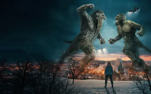 Troll 2 4K Ultra HD PC desktop wallpaper: two towering trolls clash over a lit village while a lone figure watches from a snowy ridge beneath a stormy sky.