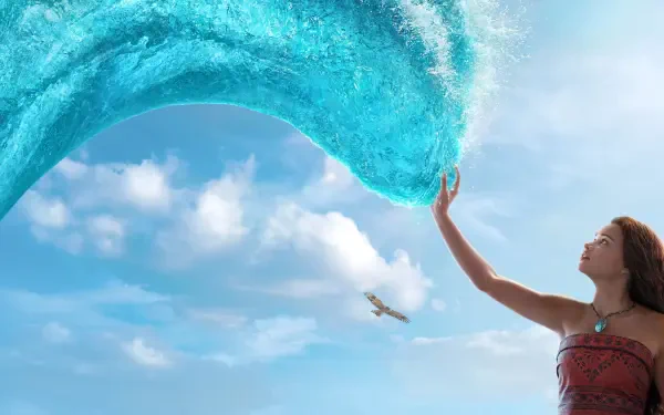 Moana (Live Action) reaches to touch a cresting turquoise wave against a bright sky — 4K Ultra HD PC desktop wallpaper background.