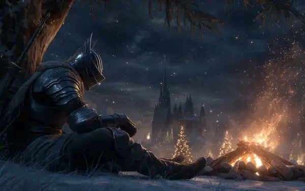 Dark Souls–style armored warrior resting by a bonfire under a snowy night, castle silhouette beyond — 4K Ultra HD PC desktop wallpaper and background.