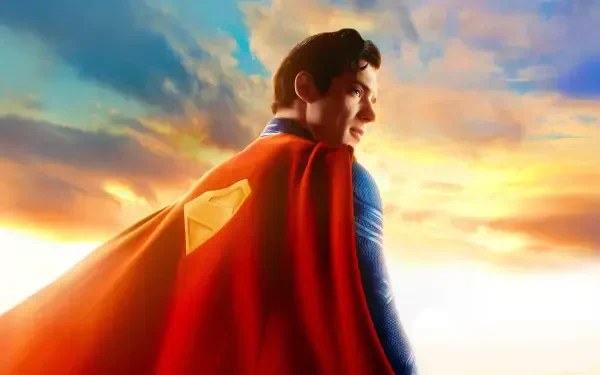 Superman (2025) TV show — Superman in blue suit and flowing red cape gazes toward a golden sunrise; 4K Ultra HD PC desktop wallpaper and background.