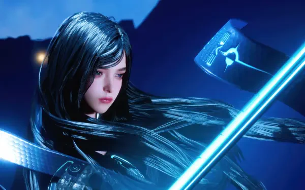 4K Ultra HD PC desktop wallpaper of Stellar Blade video game: female warrior with long dark hair and glowing blue energy blade, holographic HUD and moody blue sci‑fi background.