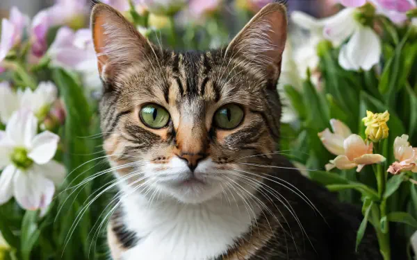 4K Ultra HD AI art PC desktop wallpaper: green-eyed tabby cat among vivid spring flowers, detailed fur and vibrant colors.