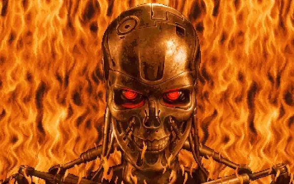 HD PC desktop wallpaper: video game pixel-art Terminator 2D NO FATE — fiery backdrop framing a skull-like robot with glowing red eyes