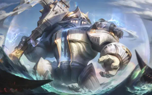 8K Ultra HD PC wallpaper of Nautilus from the video game League of Legends: a massive armored titan wading through stormy seas, anchor raised beneath a cracked, lightning-lit sky.