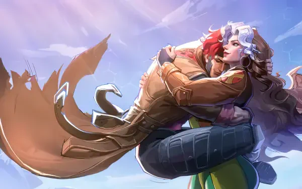 4K Ultra HD PC desktop wallpaper from video game Marvel Rivals featuring Rogue (Marvel Comics) embracing Gambit (Marvel Comics) midair against a pastel sky.