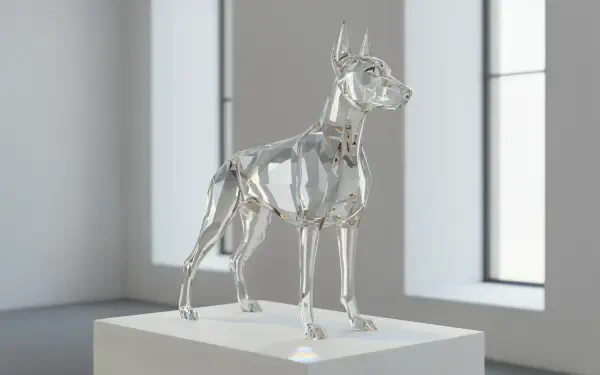 Crystal Doberman Pinscher sculpture on a white pedestal in a minimalist room, rendered in 4K Ultra HD PC desktop wallpaper/background.