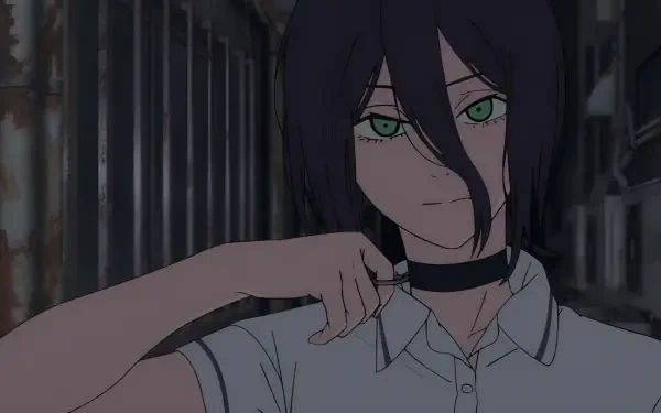 2K Quad HD PC desktop wallpaper of Reze from Chainsaw Man — close-up of her with dark hair, teal eyes and a choker, hand at her neck against a dim urban background