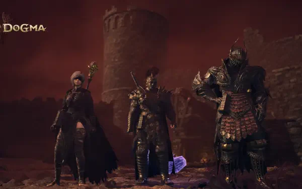 HD PC desktop wallpaper/background from the video game Dragon's Dogma 2: three armored warriors stand before ruined castle towers under a blood-red sky.
