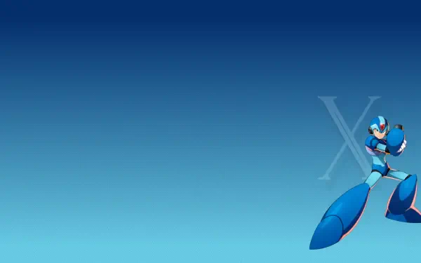 Blue Mega Man X artwork on a minimalist gradient background, Retro Games 2K Quad HD PC desktop wallpaper with Mega Man X figure at lower-right and a faint 'X' logo.