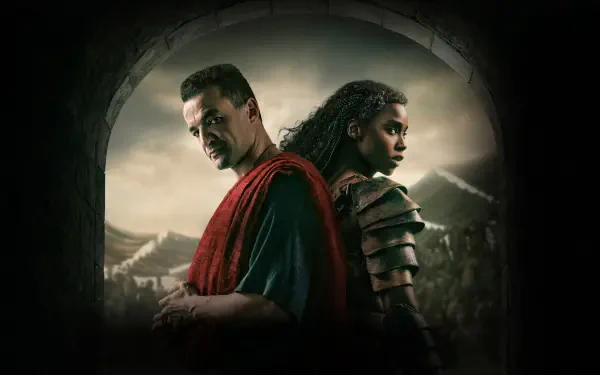 Spartacus: House of Ashur — 4K Ultra HD PC desktop wallpaper of two armored figures back-to-back in an arched stone doorway, stormy battlefield visible beyond.