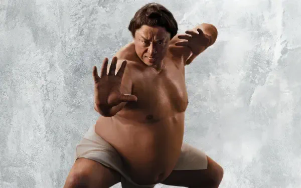 Street Fighter (2026) 2K Quad HD PC wallpaper — sumo wrestler in white mawashi crouches in a striking pose against a misty gray backdrop.