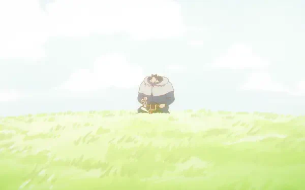 HD PC desktop wallpaper: anime One Piece scene of Bartholomew Kuma standing in a sunlit grassy field with a small figure kneeling at his feet against a pale sky.