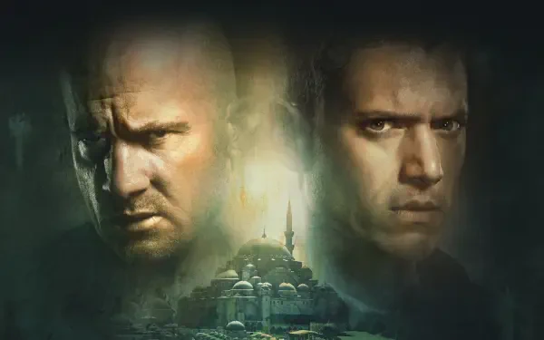 Prison Break — 4K Ultra HD PC desktop wallpaper/background: two brooding male faces loom over a mosque-lined skyline, shrouded in smoky, moody green lighting.