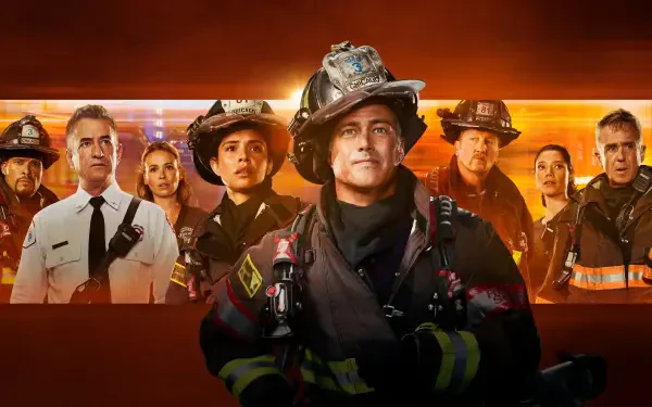 Chicago Fire 4K Ultra HD PC desktop wallpaper/background: firefighters in gear posed against a dramatic, glowing orange skyline.
