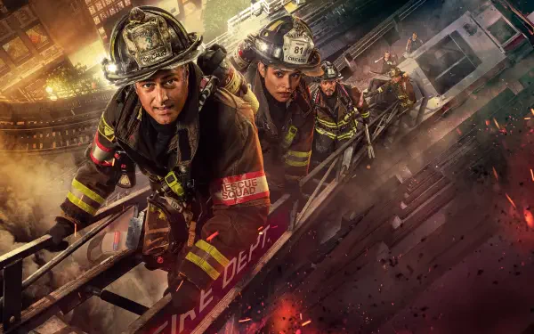 Chicago Fire 4K Ultra HD PC desktop wallpaper: firefighters climbing a ladder up a burning building, smoke, embers and a glowing city skyline.