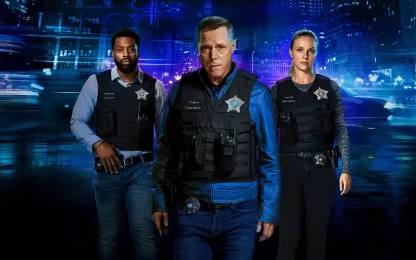 Chicago P.D. 4K Ultra HD PC desktop wallpaper/background: three officers in tactical vests stride toward the viewer against a neon-lit Chicago cityscape.