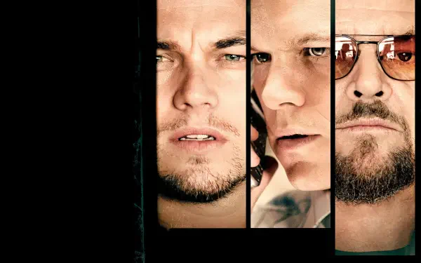 Poster-style 4K Ultra HD PC desktop wallpaper for The Departed: three close-up male faces in narrow vertical panels against a dark background, intense, cinematic composition.