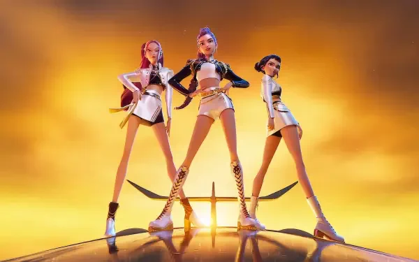 KPop Demon Hunters trio in futuristic armor pose on a glowing horizon — bold 4K Ultra HD PC desktop wallpaper and background.