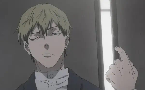 HD PC desktop wallpaper of Naoya Zenin from Jujutsu Kaisen: Execution — stern, half-closed eyes, raising a finger beside a vertical light strip.