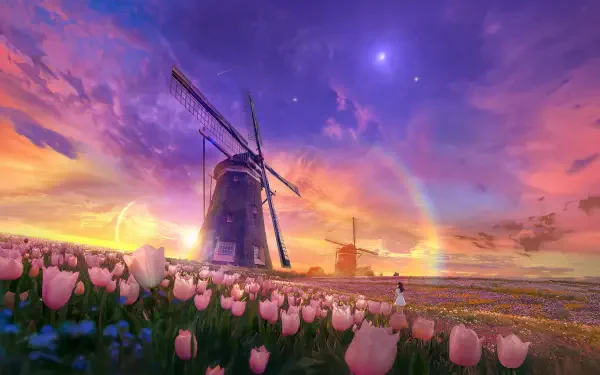 2K Quad HD PC desktop wallpaper and background: woman walking through a tulip field beneath a vivid, painterly sky and glowing halo, with wind turbines on the distant horizon.