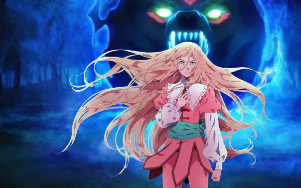 Castlevania: Nocturne HD PC desktop wallpaper/background showing a long-haired blonde in pink and green standing in a glowing blue forest with a looming, snarling demonic spectral face behind them.