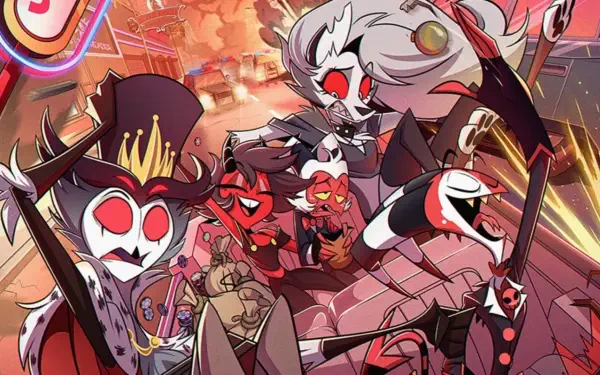 HD PC desktop wallpaper of Helluva Boss: a lively group of red-and-white demon characters posed amid neon-lit city chaos.