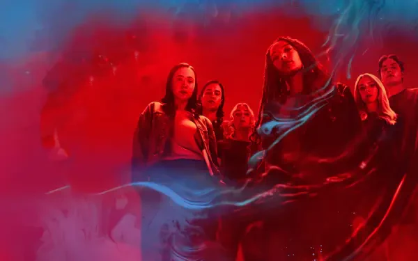 Gen V ensemble amid swirling red and blue smoke, dramatic 4K Ultra HD PC desktop wallpaper and background.