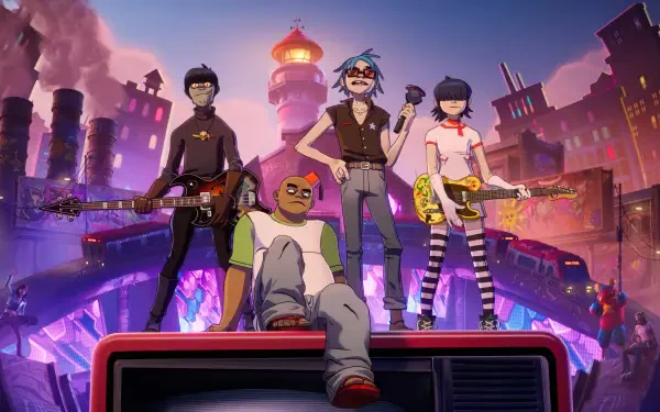 Illustration of the Gorillaz band posed on a car against a neon city and lighthouse at dusk — 4K Ultra HD music band PC desktop wallpaper and background.