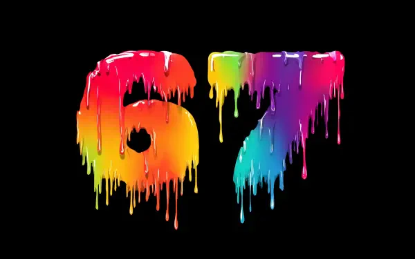 Meme-style 2K Quad HD PC desktop wallpaper: rainbow paint drips forming the number 67 against a black background.