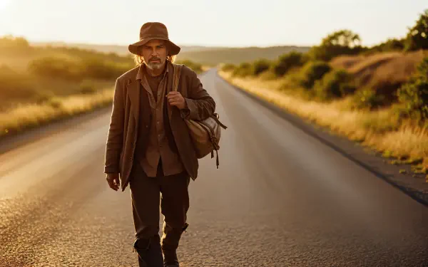 Vagabond walking along an empty sunlit road at golden hour — 4K Ultra HD PC desktop wallpaper and background.