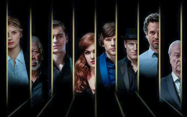Now You See Me 4K Ultra HD PC Desktop Wallpaper and Background: seven faces framed by narrow vertical slits against a black backdrop, a moody, theatrical illusionist tableau.