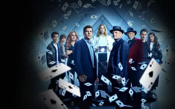 Group of illusionists in a blue-lit tunnel as playing cards swirl around — Now You See Me: Now You Don't HD PC desktop wallpaper and background