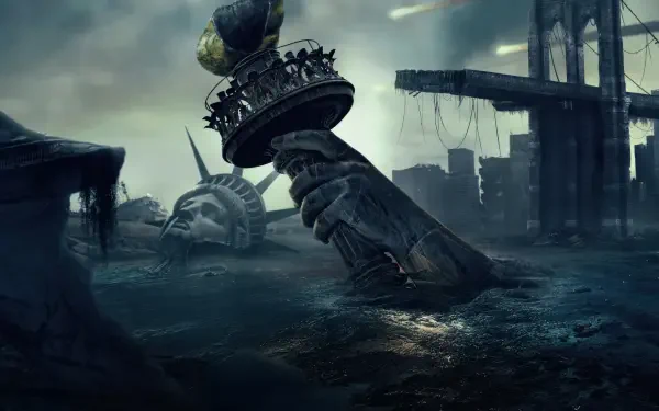 Greenland 2: Migration — 5K Ultra HD PC desktop wallpaper of a flooded, apocalyptic city: the Statue of Liberty toppled and half-submerged, ruined bridge spans and stormy skies.