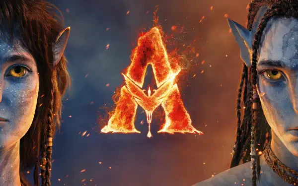 Avatar: Fire and Ash 5K Ultra HD PC wallpaper — two blue Na'vi faces flank a blazing fiery A emblem amid smoke and ember sparks.