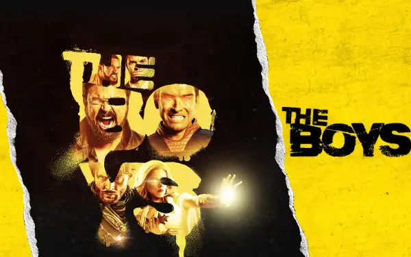 The Boys (2019) 4K Ultra HD PC desktop wallpaper: torn yellow-and-black design with bold title and a fiery collage of the show's brutal, superpowered characters.