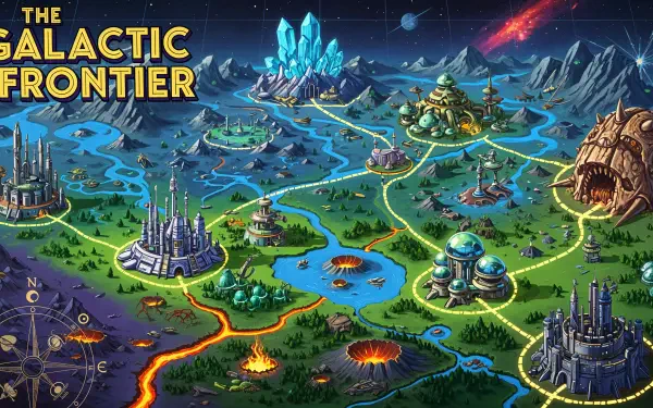 4K Ultra HD PC desktop wallpaper of a vibrant sci‑fi map titled The Galactic Frontier — glowing rivers, alien cities, crystal peaks and volcanic chasms beneath a starry nebula.