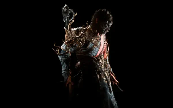 Black Myth: Wukong video game character on a black 4K Ultra HD PC desktop wallpaper — shadowy, ornate-armored warrior with glowing accents.