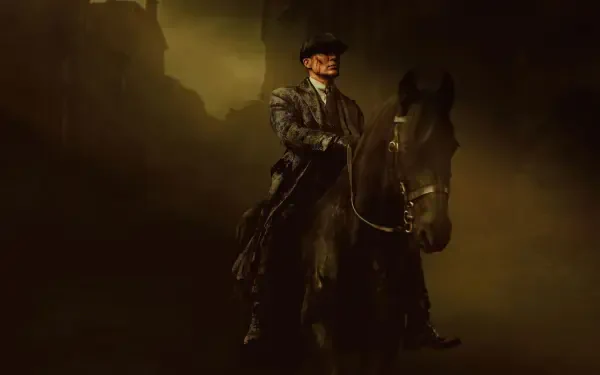 Peaky Blinders: The Immortal Man — 4K Ultra HD PC desktop wallpaper/background depicting a brooding, coat-clad rider on a black horse in foggy, sepia-lit streets.
