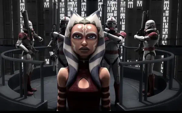 Ahsoka Tano stands resolute as clone troopers guard a dim command chamber — Star Wars: The Clone Wars (2008) 4K Ultra HD PC desktop wallpaper and background.