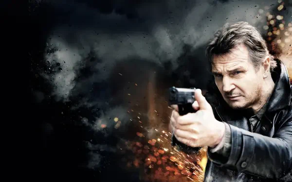 Taken-themed 4K Ultra HD PC desktop wallpaper: gritty action shot of a determined man aiming a pistol through smoke and flying sparks.