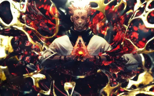 Jujutsu Kaisen 4K Ultra HD PC desktop wallpaper: Ryomen Sukuna with glowing facial markings, hands forming a triangular sigil amid fiery red and gold abstract energy.